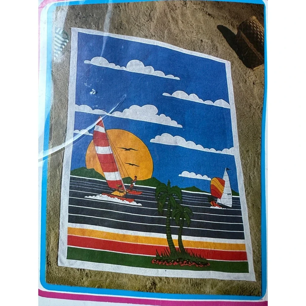 Vintage 80s Cobra Beach Blanket Towel Windsurfing Sailboat Tropical 55x72 Cotton